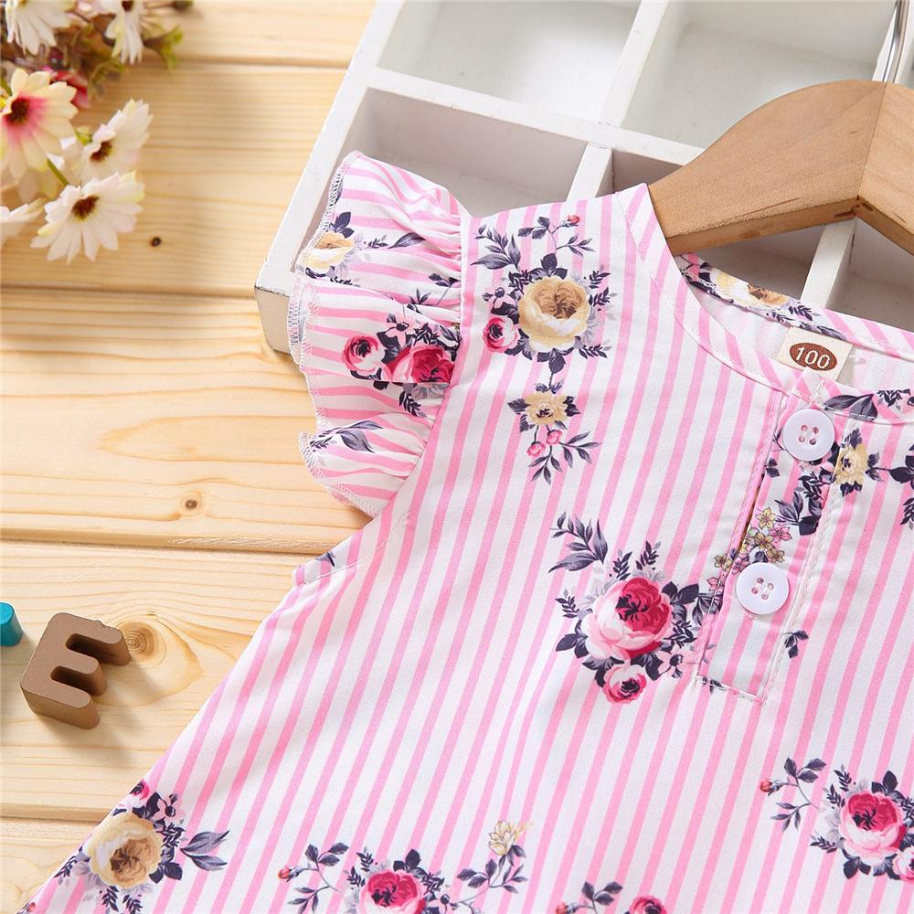 Girls Striped Floral Printed Flying Sleeve Dress wholesale kids clothing suppliers