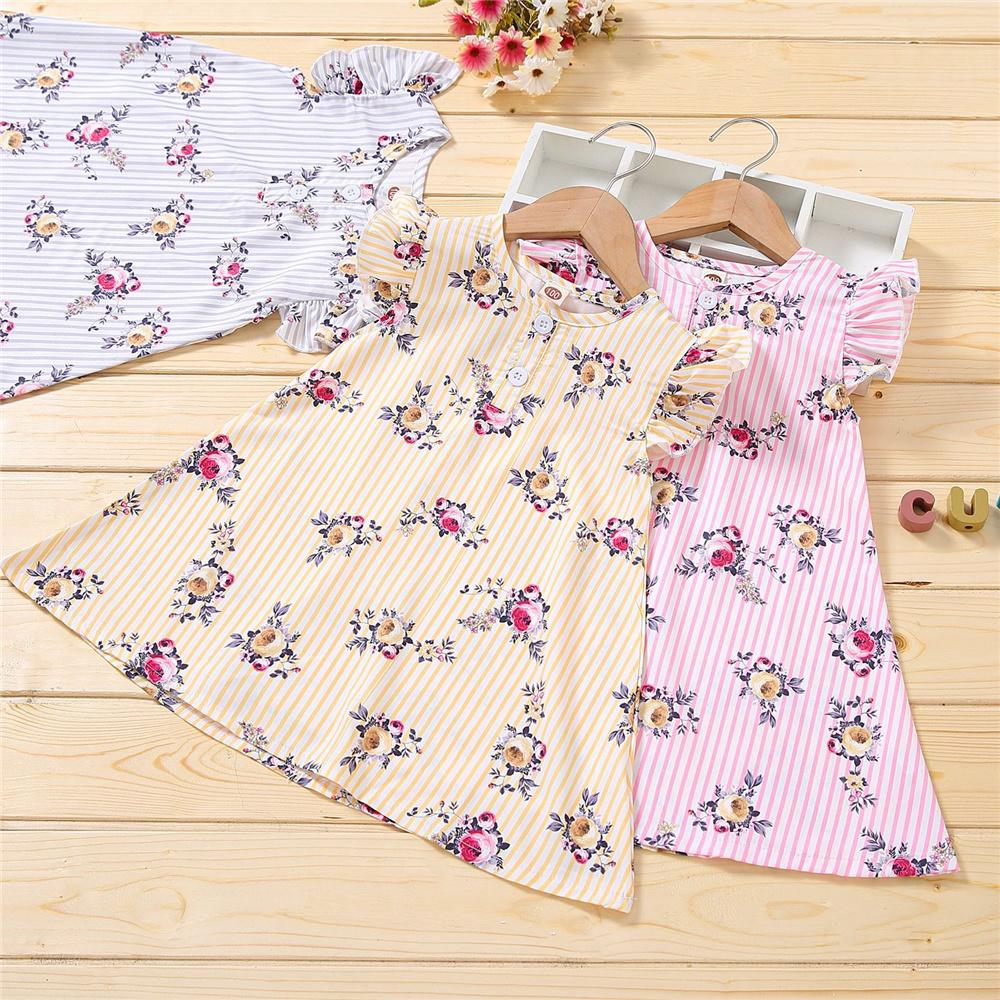 Girls Striped Floral Printed Flying Sleeve Dress wholesale kids clothing suppliers