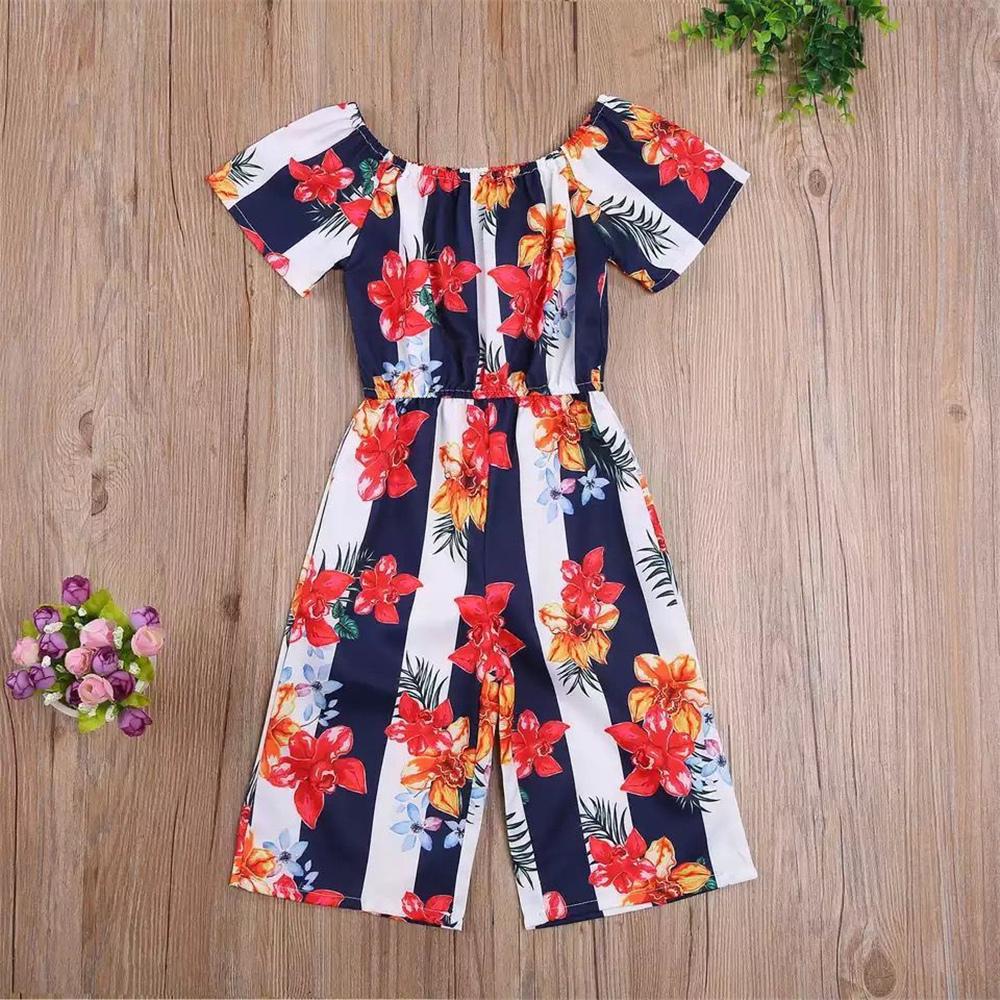 Girls Striped Floral Printed Short Sleeve Jumpsuit children wholesale clothing