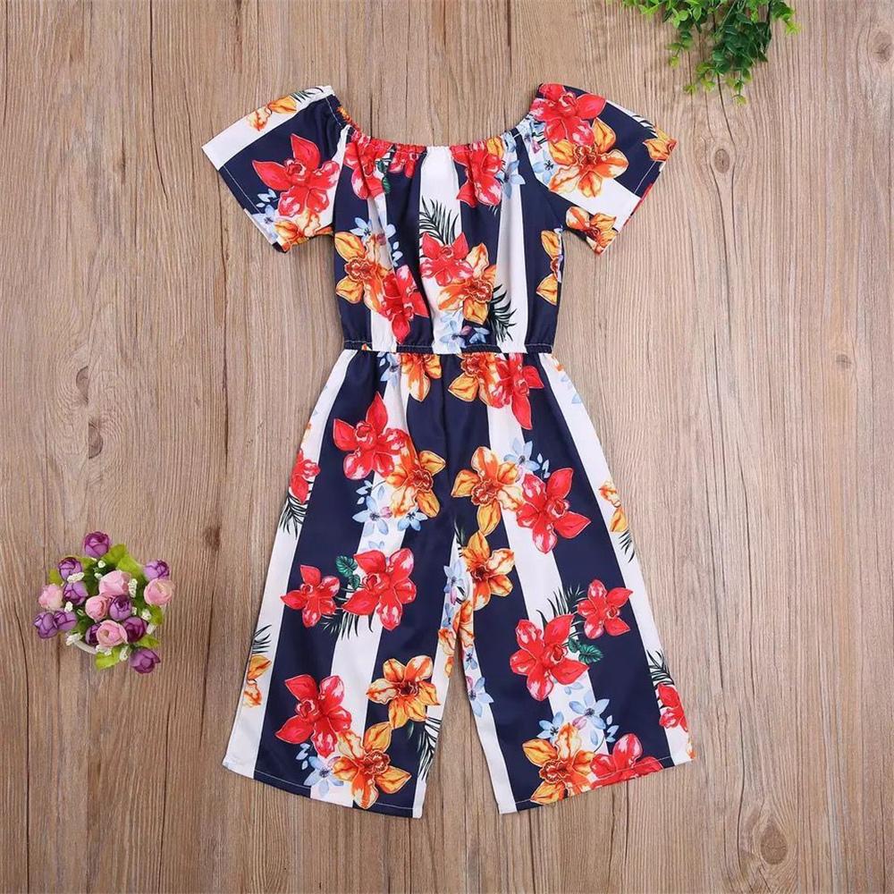 Girls Striped Floral Printed Short Sleeve Jumpsuit children wholesale clothing