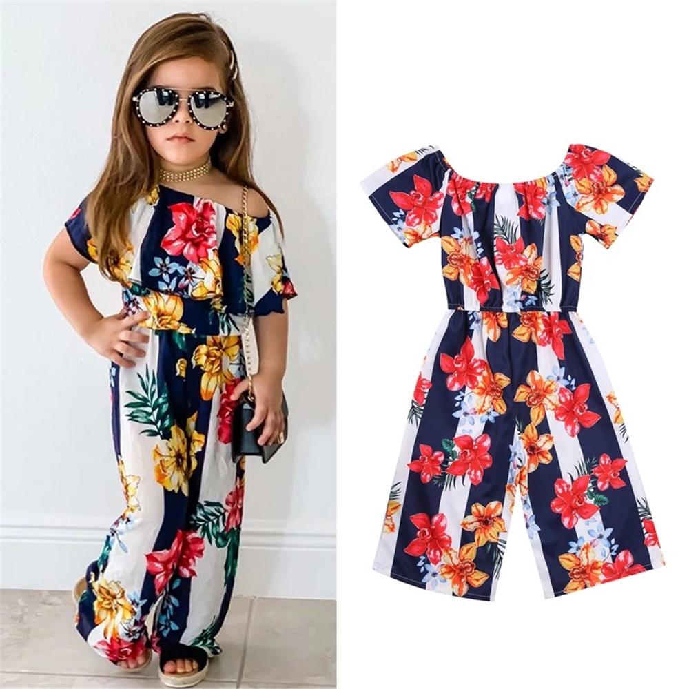 Girls Striped Floral Printed Short Sleeve Jumpsuit children wholesale clothing