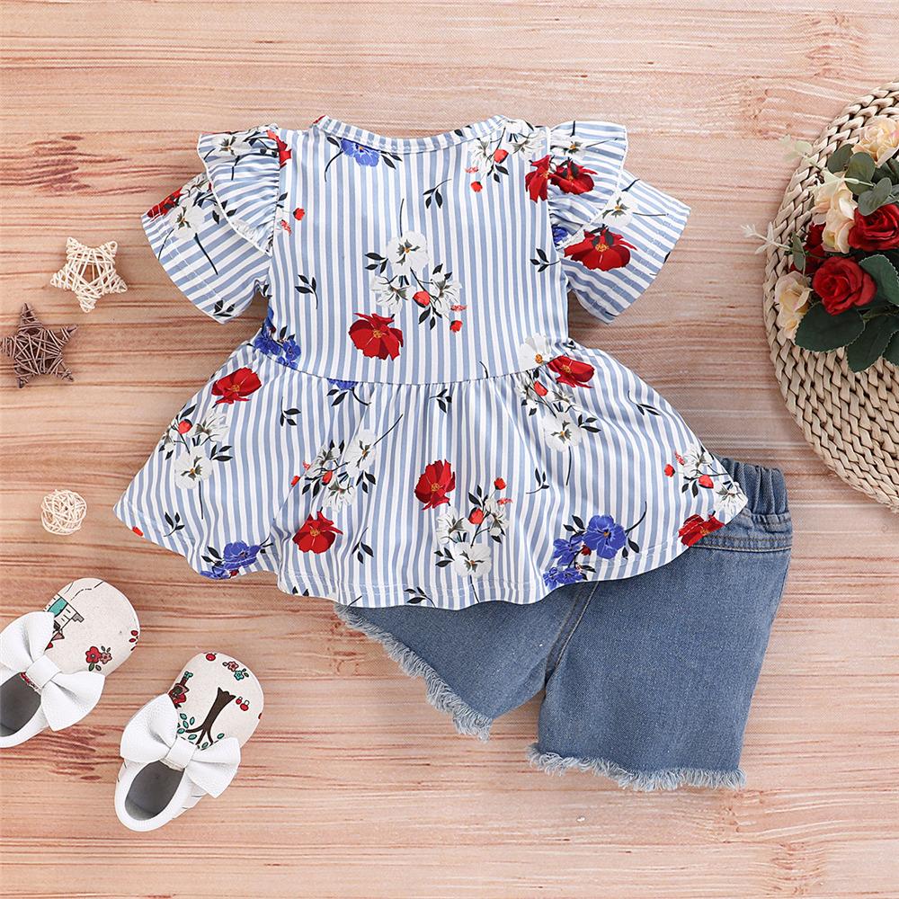 Girls Striped Floral Printed Short Sleeve Pullover Top & Ripped Denim Shorts wholesale girls clothes