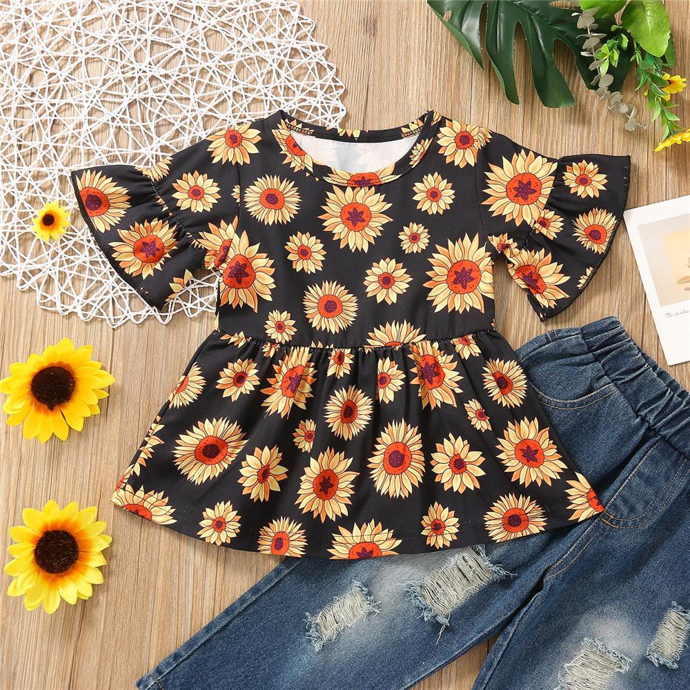 Girls Striped Floral Printed Short Sleeve Top & Jeans kids wholesale clothing