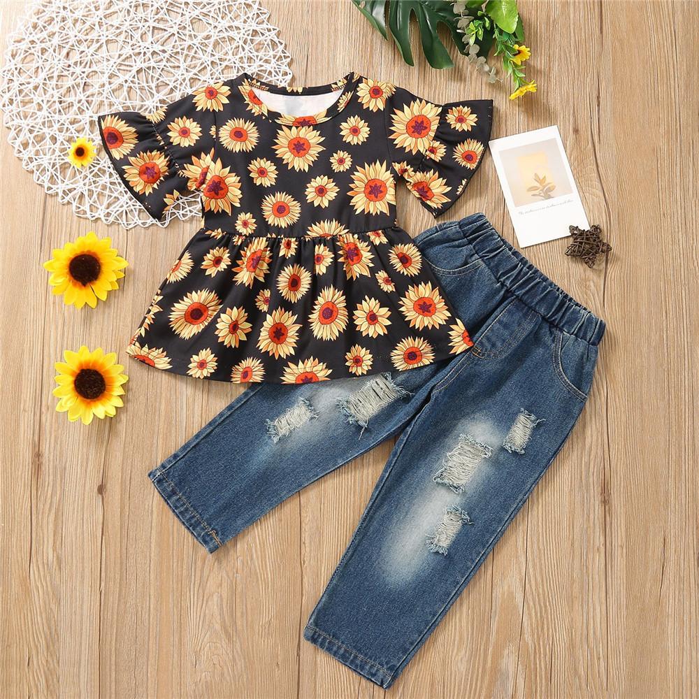 Girls Striped Floral Printed Short Sleeve Top & Jeans kids wholesale clothing