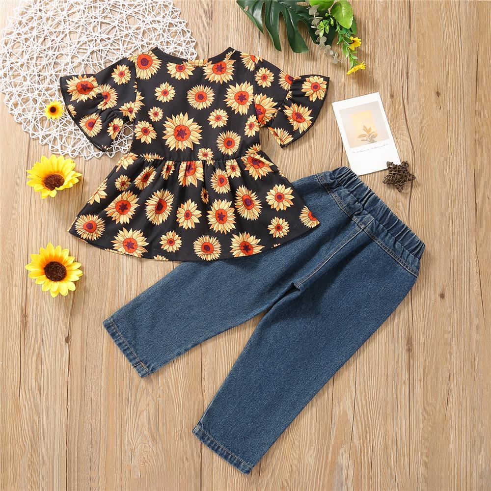 Girls Striped Floral Printed Short Sleeve Top & Jeans kids wholesale clothing