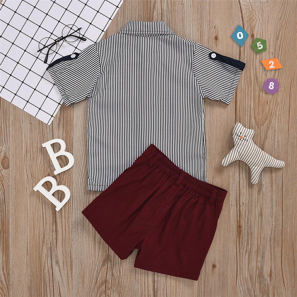 Boys Striped Lapel Short Sleeve Splicing Shirt & Red Shorts Boys Casual Suits