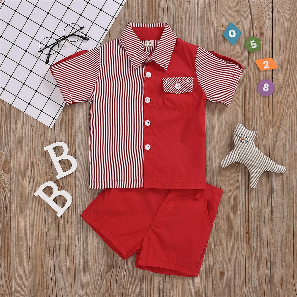 Boys Striped Lapel Short Sleeve Splicing Shirt & Red Shorts Boys Casual Suits