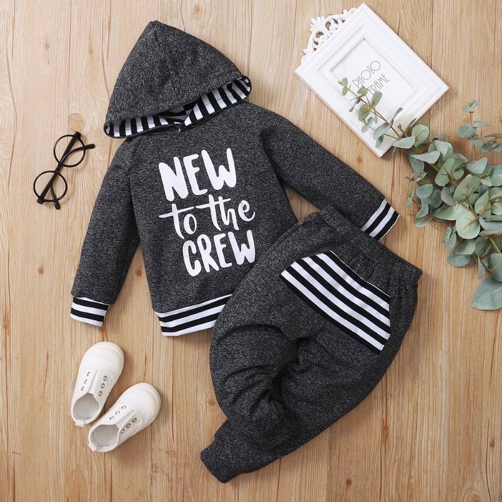 Boys Striped Letter Long Sleeve Hooded Top & Pants Childrens Wholesale Clothing