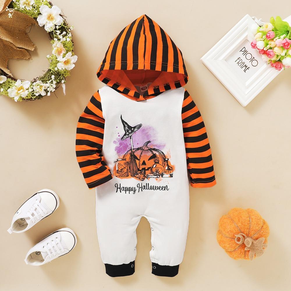 Baby Striped Letter Pumpkin Printed Long Sleeve Hooded Romper wholesale baby clothes usa