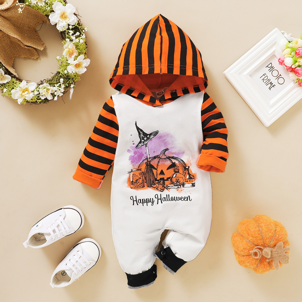 Baby Striped Letter Pumpkin Printed Long Sleeve Hooded Romper wholesale baby clothes usa