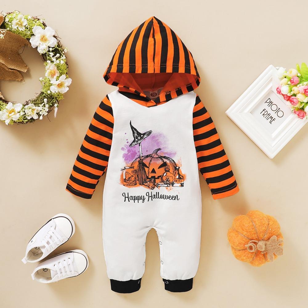 Baby Striped Letter Pumpkin Printed Long Sleeve Hooded Romper wholesale baby clothes usa