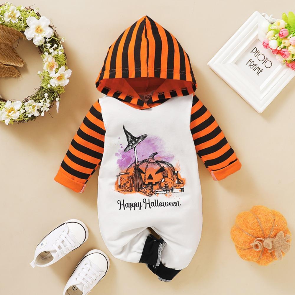 Baby Striped Letter Pumpkin Printed Long Sleeve Hooded Romper wholesale baby clothes usa