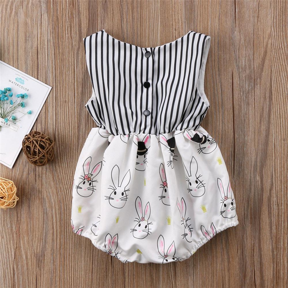 Baby Girls Striped Rabbit Printed Bow Decor Sleeveless Romper Wholesale Baby Clothes