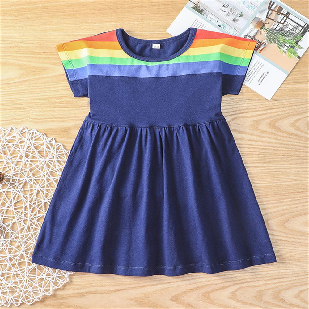 Girls Striped Rainbow Short Sleeve Crew Neck A-Lien Dress Girls Wholesale Dresses