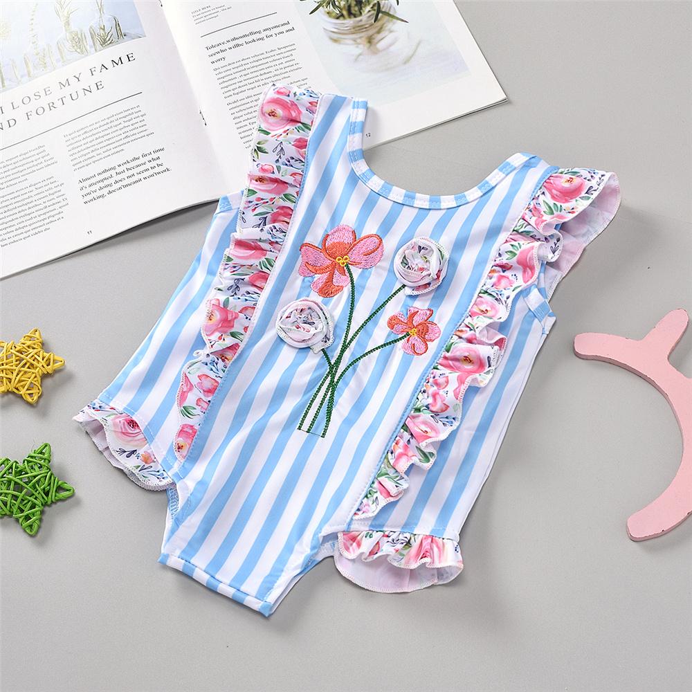 Girls Striped Ruffled Floral Printed Sleeveless Swimwear Wholesale Baby Cloths