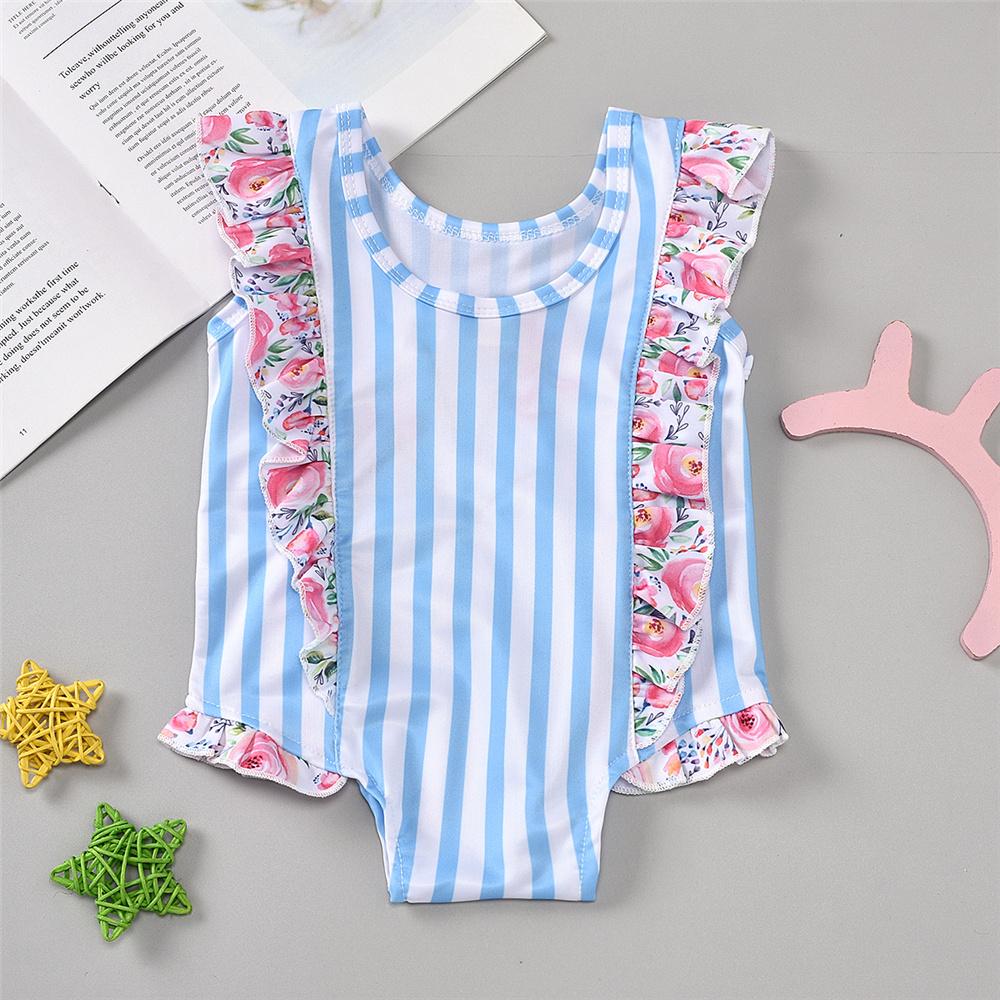 Girls Striped Ruffled Floral Printed Sleeveless Swimwear Wholesale Baby Cloths