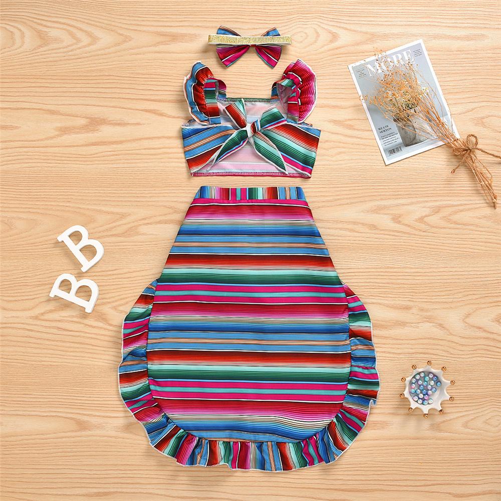 Girls Striped Ruffled Short Sleeve Top & Skirt &Headband Wholesale Girl Clothing