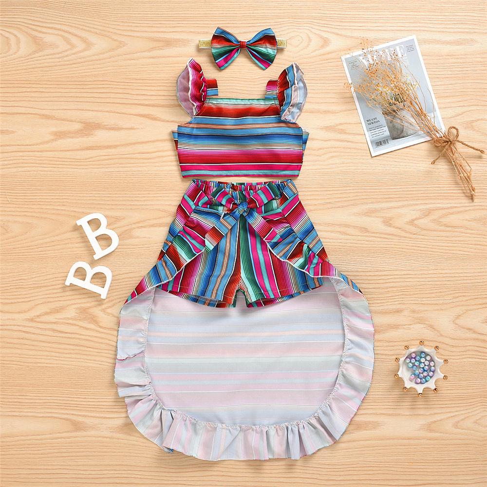 Girls Striped Ruffled Short Sleeve Top & Skirt &Headband Wholesale Girl Clothing