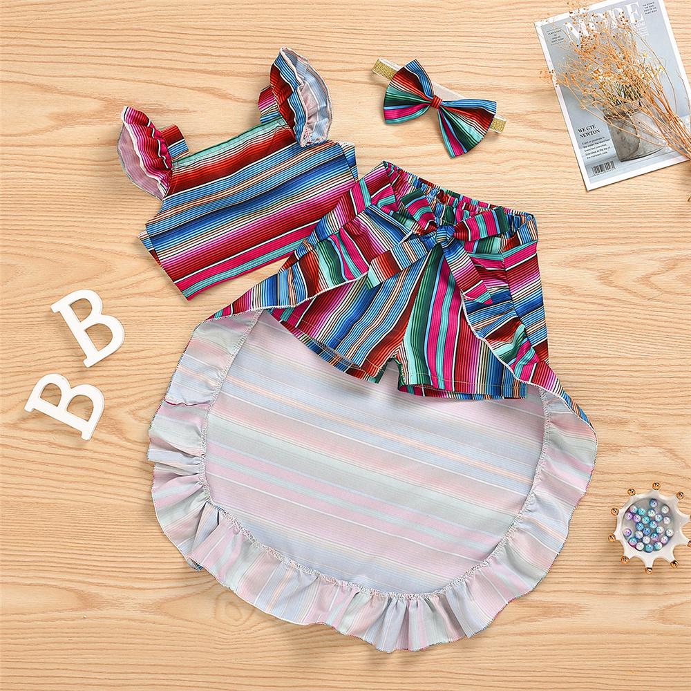 Girls Striped Ruffled Short Sleeve Top & Skirt &Headband Wholesale Girl Clothing