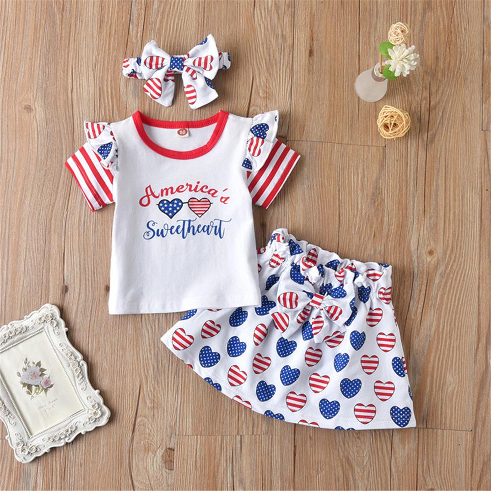 Girls Striped Short Sleeve Letter Printed Star Top & Skirt & Headband kids wholesale clothes