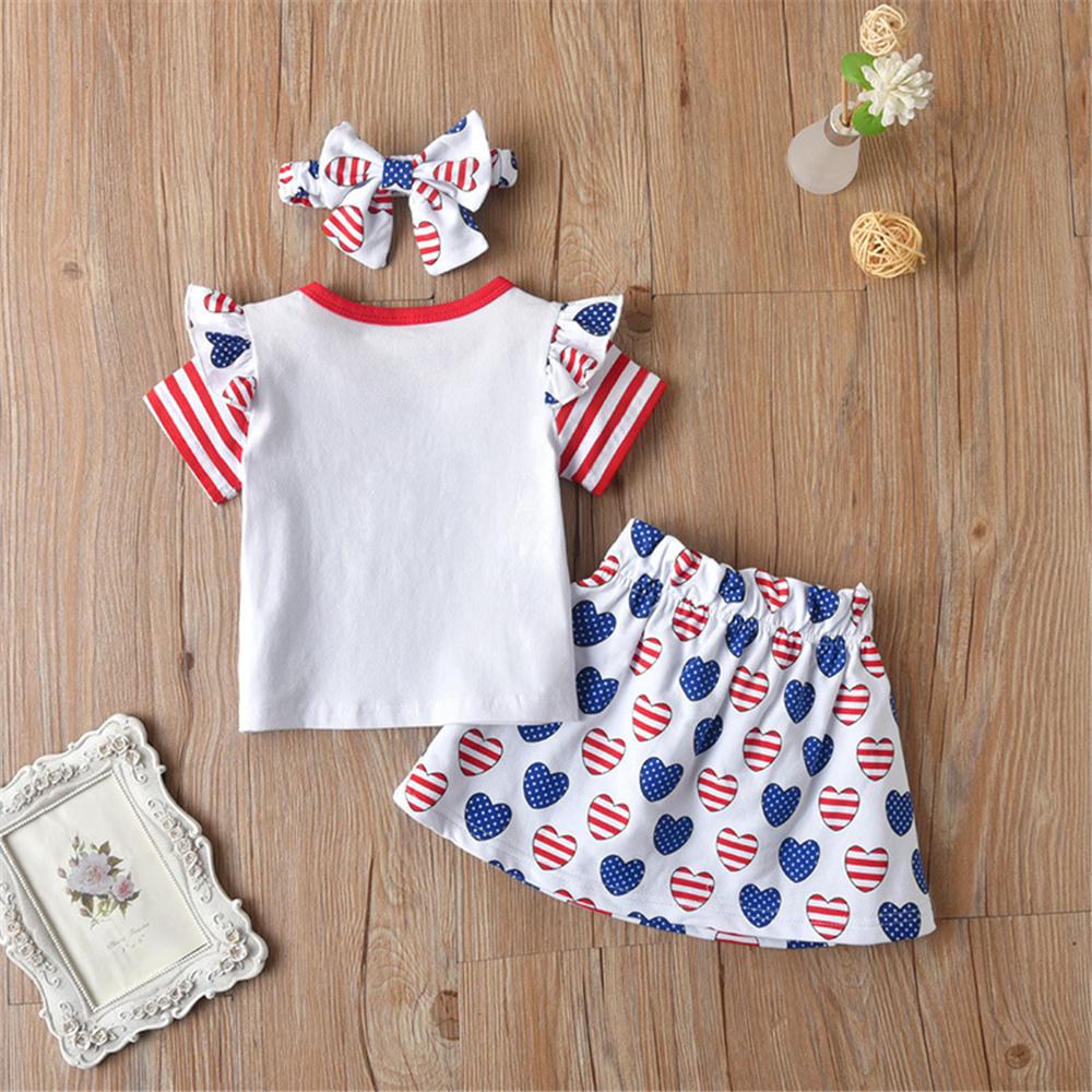 Girls Striped Short Sleeve Letter Printed Star Top & Skirt & Headband kids wholesale clothes