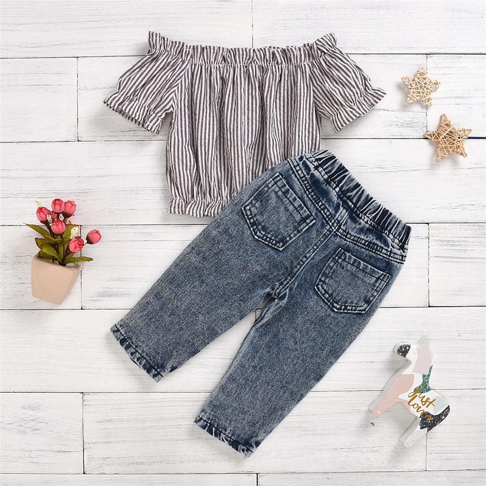 Girls Striped Short Sleeve Off Shoulder Top & Ripped Jeans Children's Wholesale Boutique Clothing