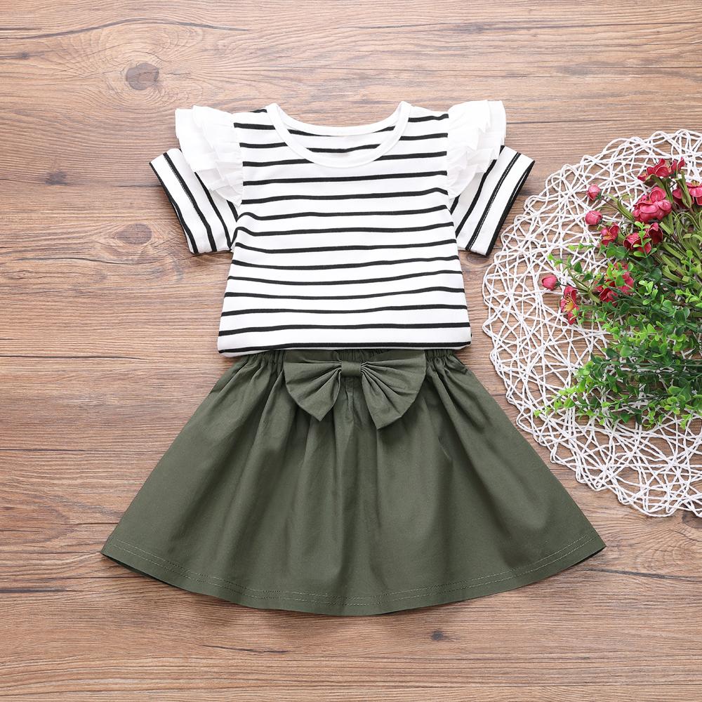 Girls Striped Short Sleeve Ruffled Top & Solid Skirt wholesale childrens clothing