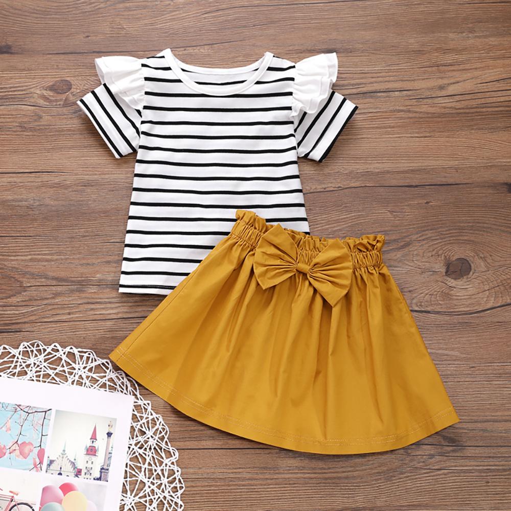 Girls Striped Short Sleeve Ruffled Top & Solid Skirt wholesale childrens clothing