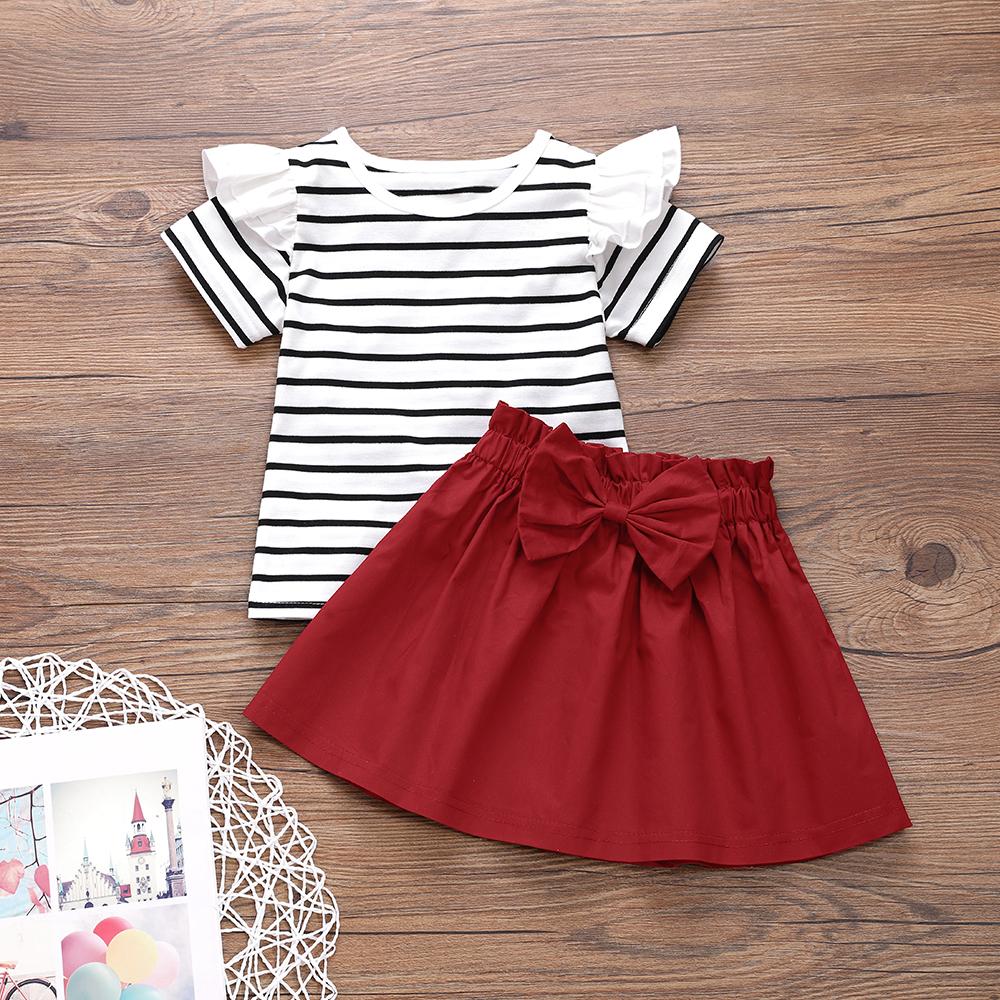 Girls Striped Short Sleeve Ruffled Top & Solid Skirt wholesale childrens clothing