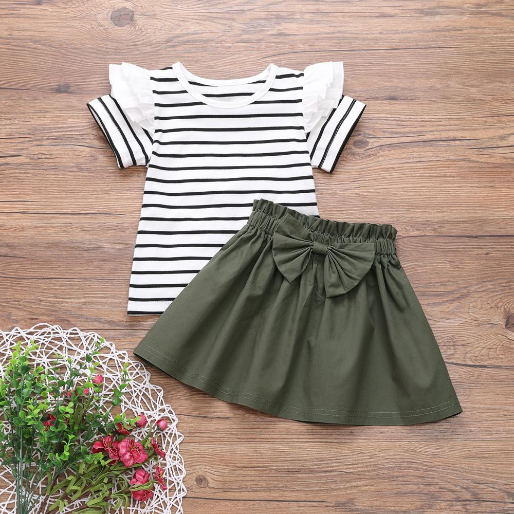 Girls Striped Short Sleeve Ruffled Top & Solid Skirt wholesale childrens clothing