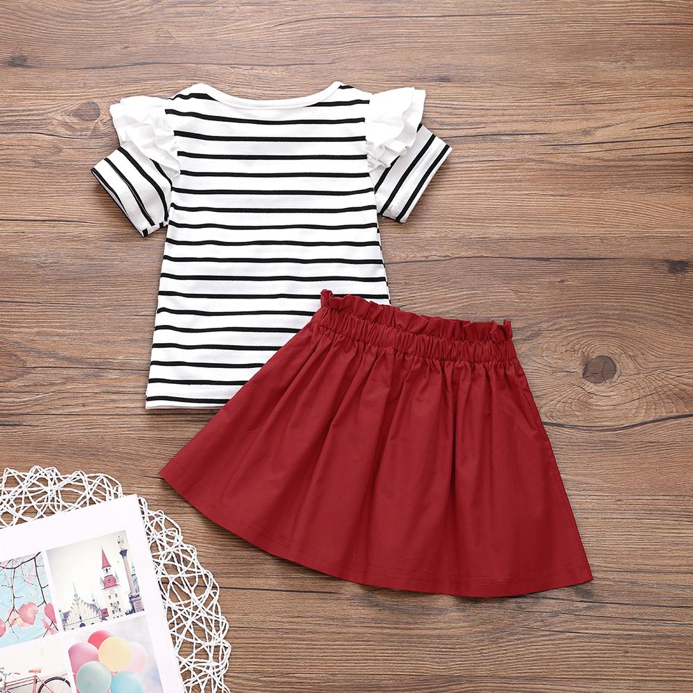 Girls Striped Short Sleeve Ruffled Top & Solid Skirt wholesale childrens clothing