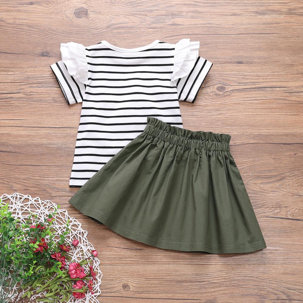 Girls Striped Short Sleeve Ruffled Top & Solid Skirt wholesale childrens clothing