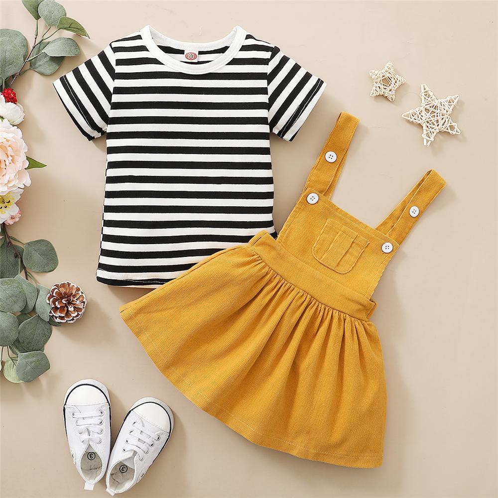 Girls Striped Short Sleeve T-Shirts & Solid Suspender Dress Wholesale Baby Girl Clothes