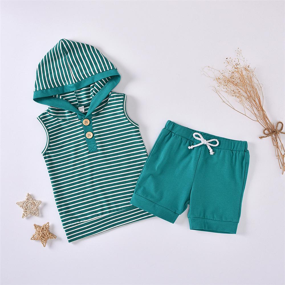Baby Unisex Striped Sleeveless Button Hooded Top & Shorts baby wholesale