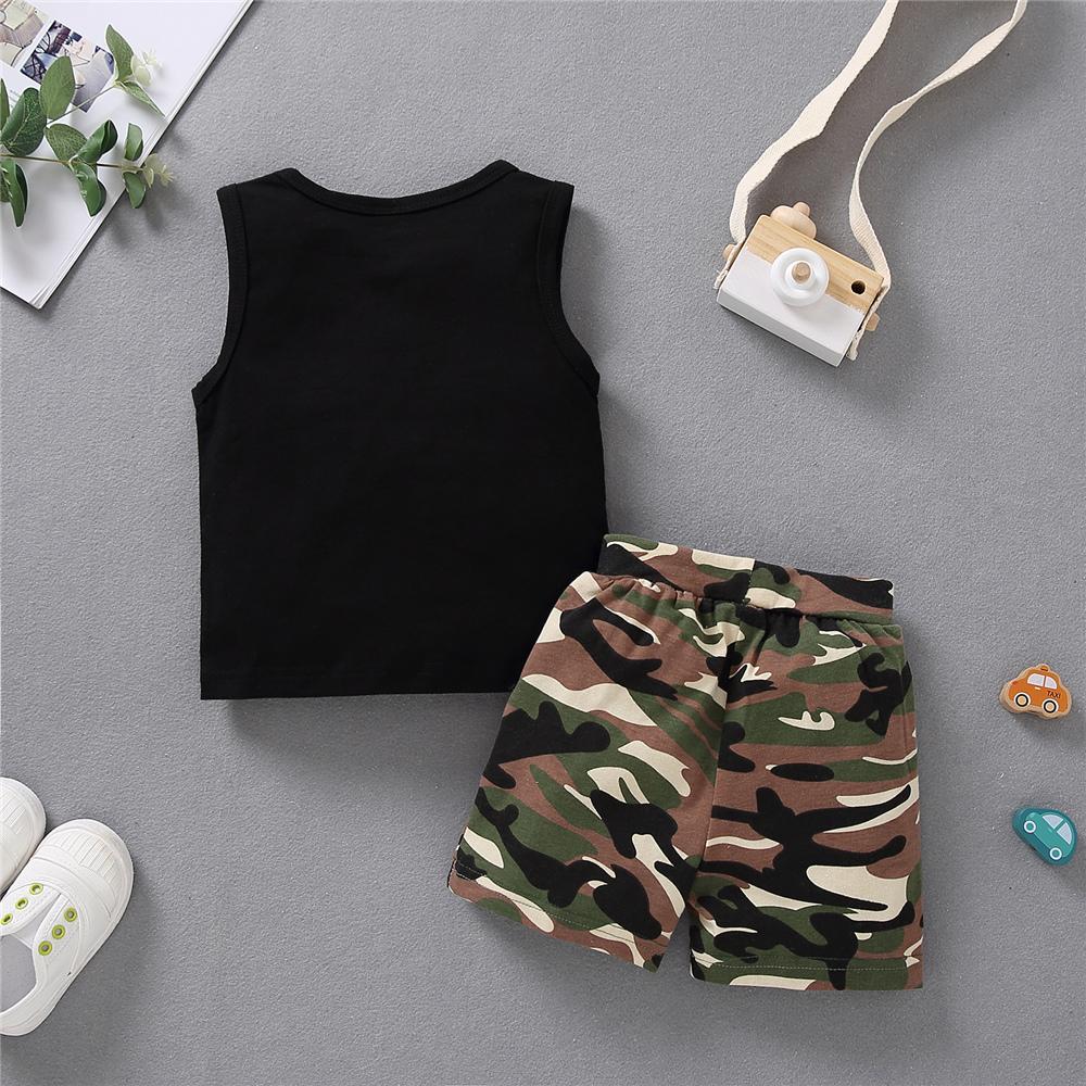 Boys Striped Sleeveless Letter Printed Top & Camo Shorts kids wholesale clothing