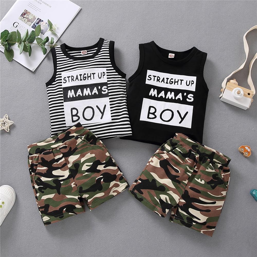 Boys Striped Sleeveless Letter Printed Top & Camo Shorts kids wholesale clothing