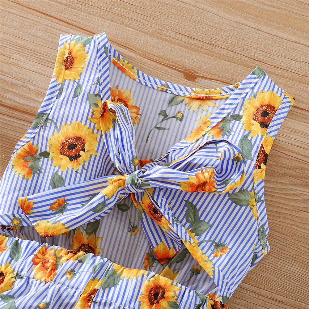 Girls Striped Sleeveless Sunflower Printed Jumpsuit kids wholesale clothing