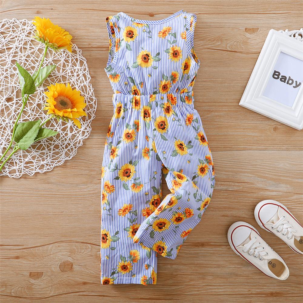 Girls Striped Sleeveless Sunflower Printed Jumpsuit kids wholesale clothing