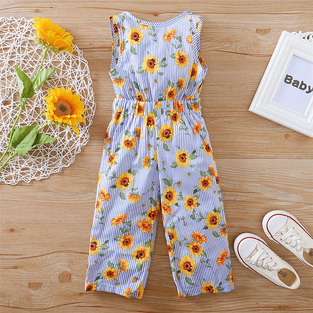 Girls Striped Sleeveless Sunflower Printed Jumpsuit kids wholesale clothing