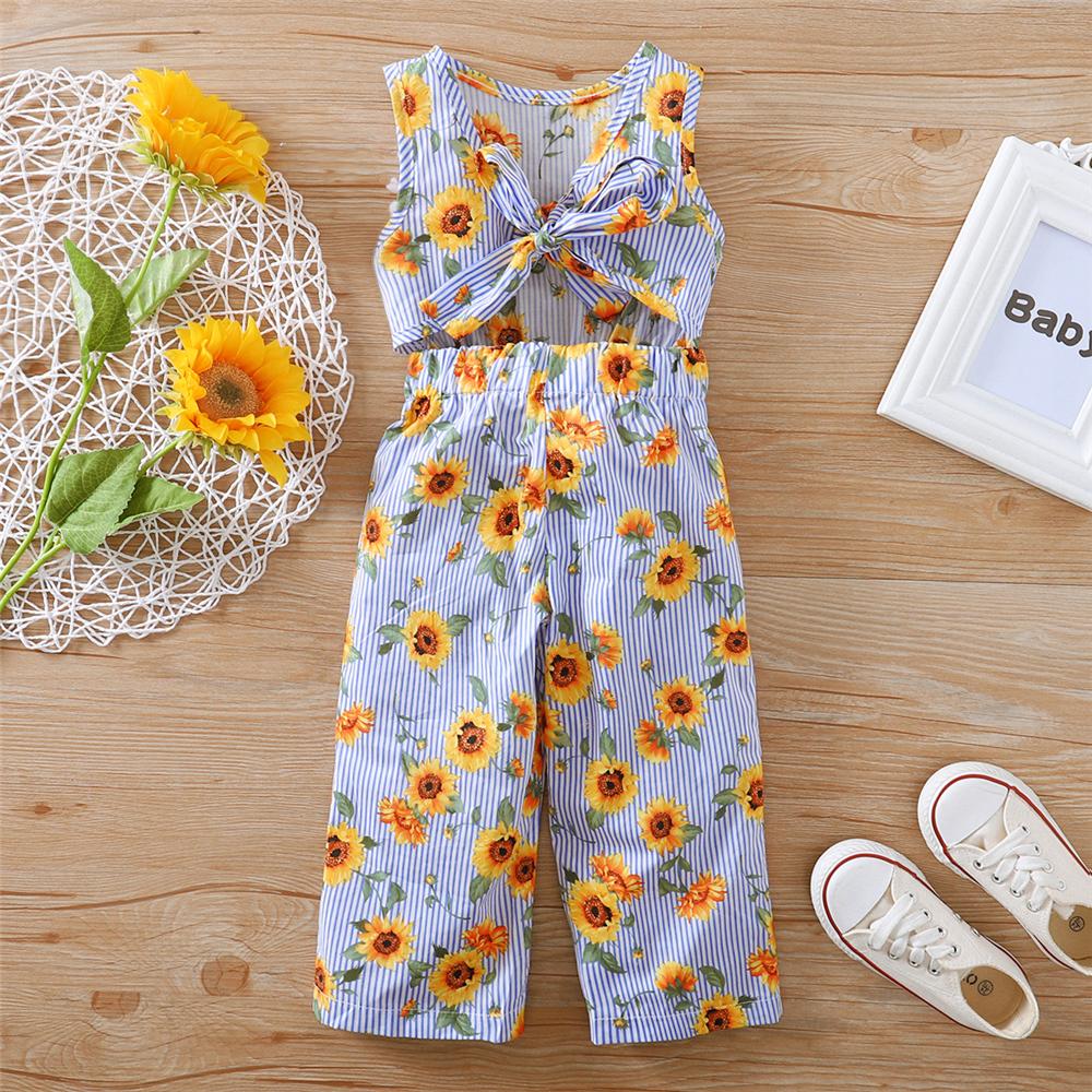 Girls Striped Sleeveless Sunflower Printed Jumpsuit kids wholesale clothing