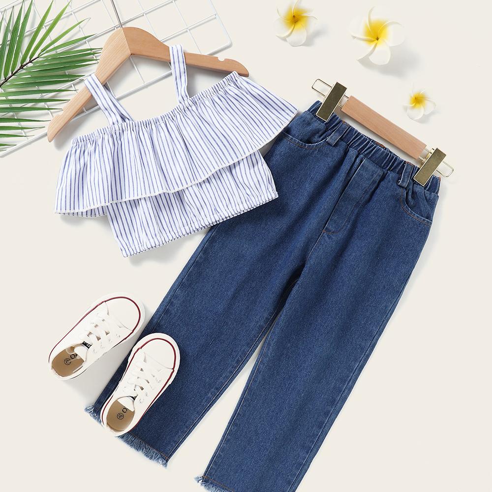 Girls Striped Sling Top & Jeans wholesale kids clothing