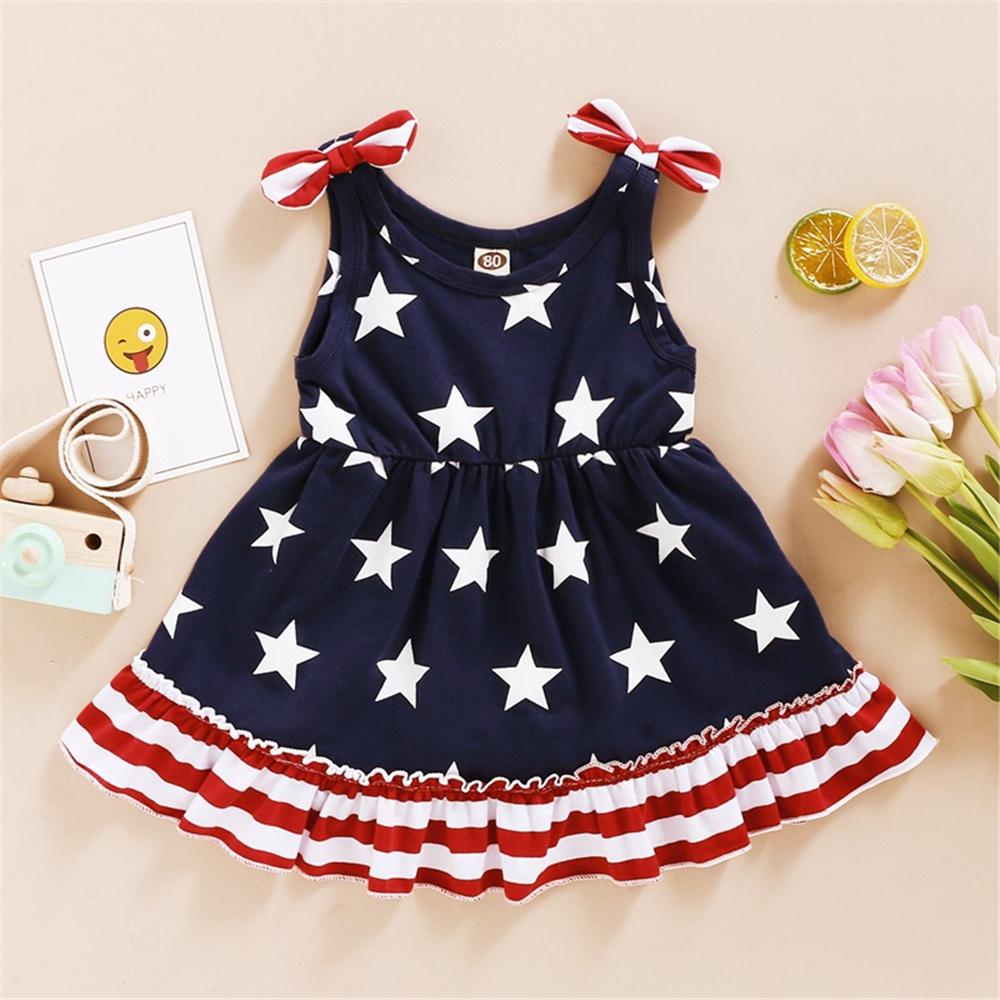 Girls Striped Star Printed Bow Suspender Dress kids clothing wholesale