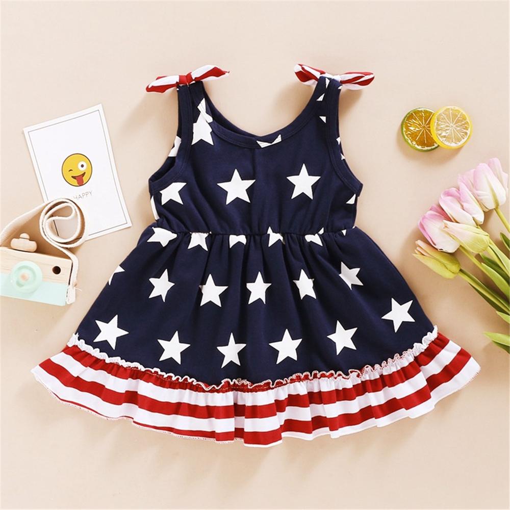 Girls Striped Star Printed Bow Suspender Dress kids clothing wholesale