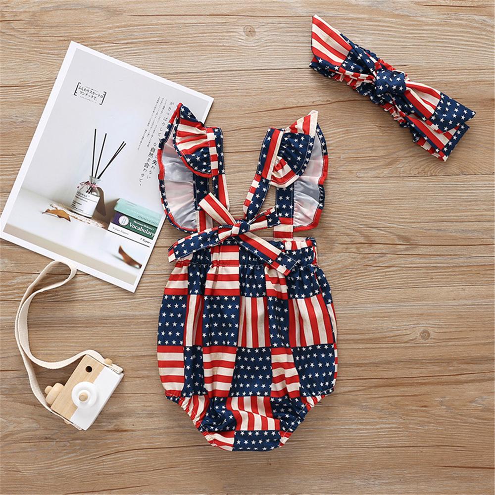 Baby Girls Striped Star Printed Romper & Headband Baby Clothing Cheap Wholesale