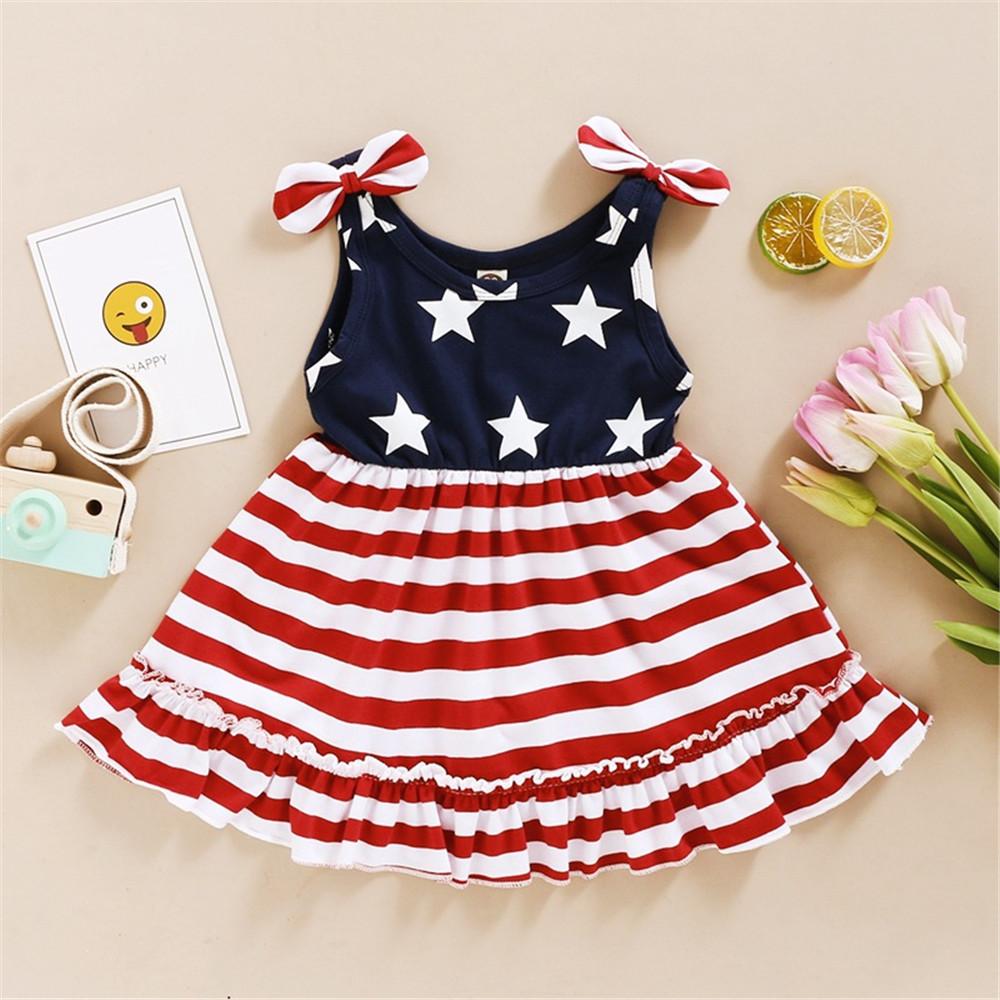 Girls Striped Star Sling Bow Dress wholesale childrens clothing