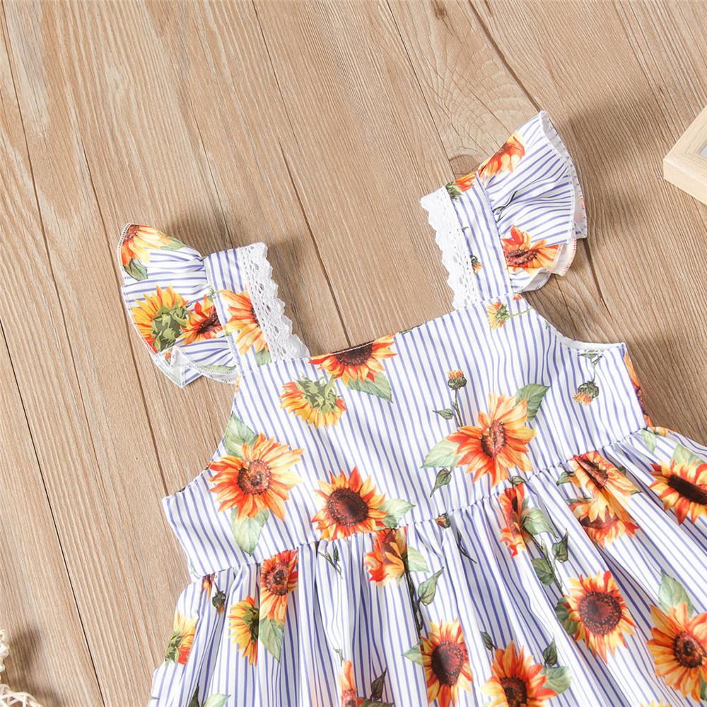 Girls Striped Sunflower Sleeveless Lace Splicing Dress Wholesale Girls Clothing