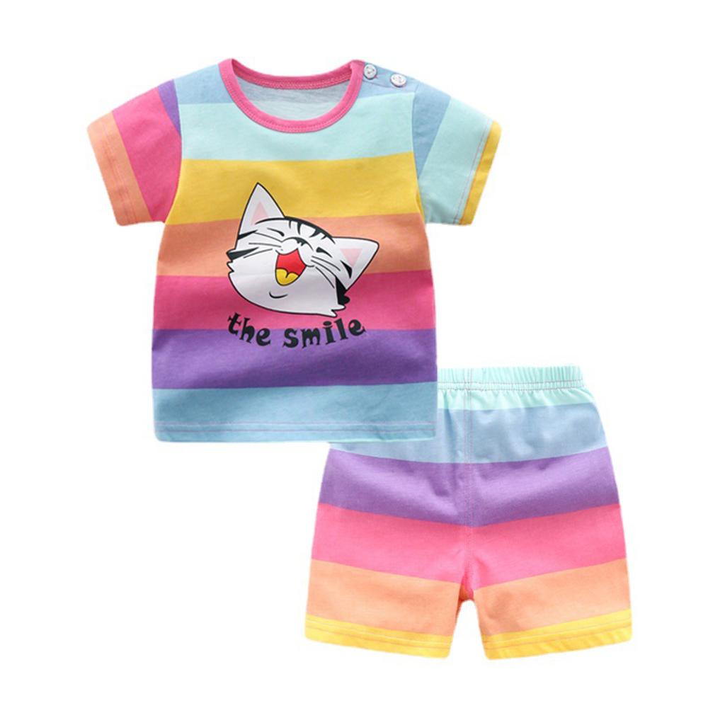 Baby Unisex Striped The Smile Cat Printed Shorts Sleeve Top Shorts Wholesale Baby Clothes In Bulk