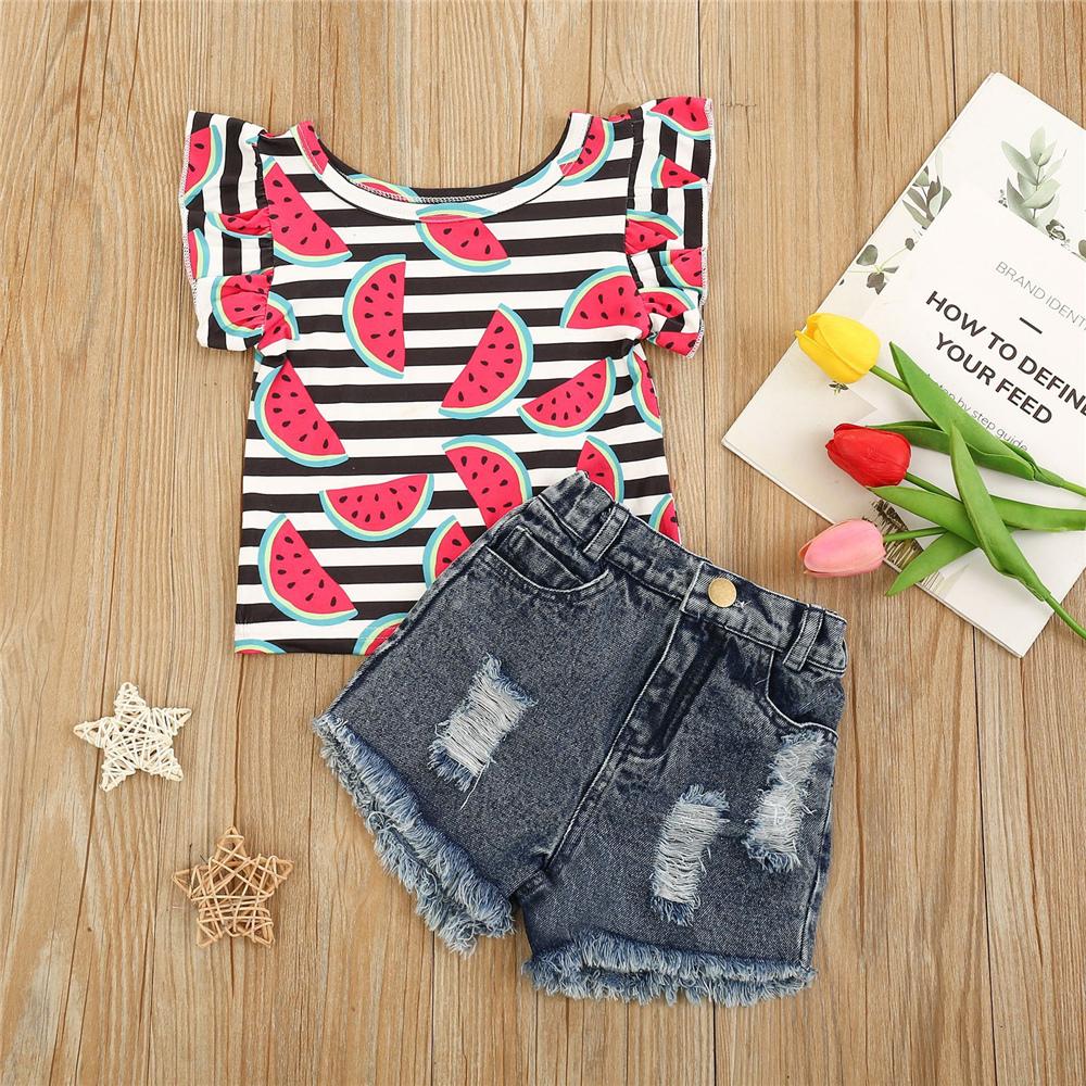 Girls Striped Watermelon Printed Short Sleeve Top & Shorts kids wholesale clothing