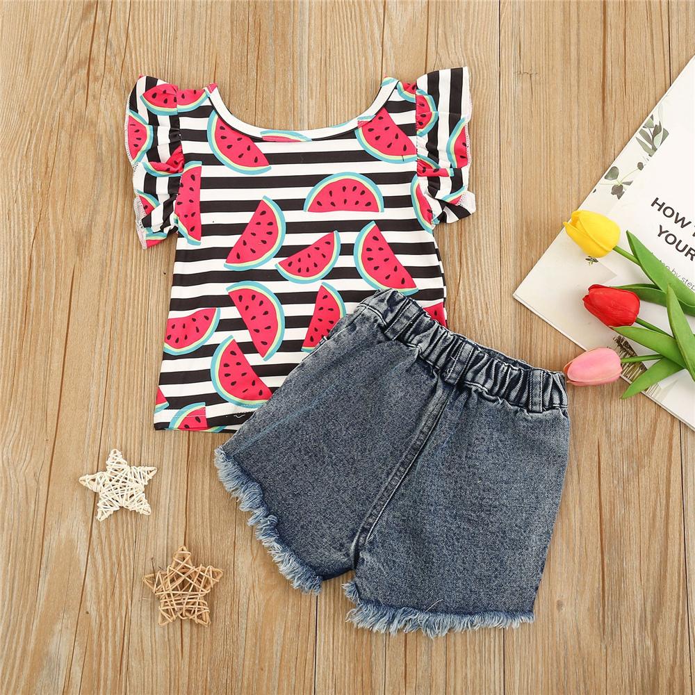 Girls Striped Watermelon Printed Short Sleeve Top & Shorts kids wholesale clothing