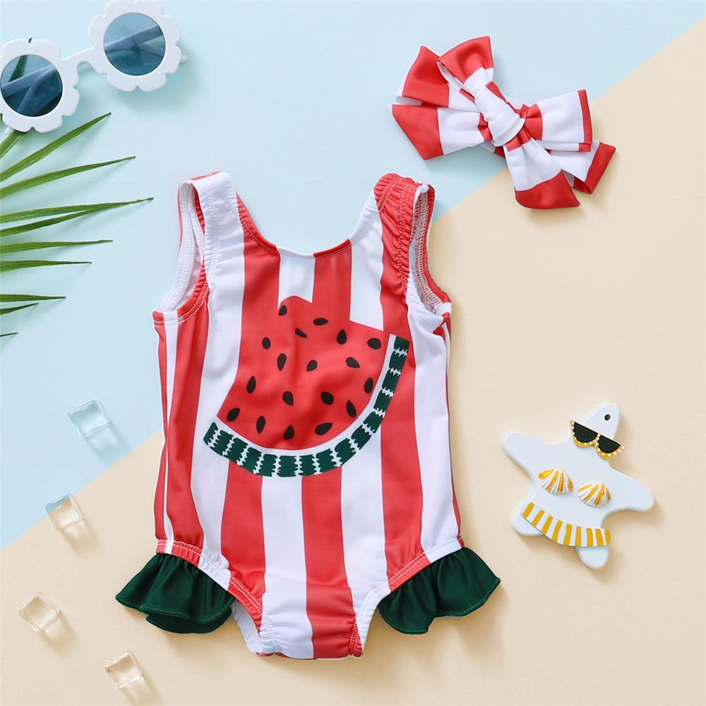 Girls Striped Watermelon Printed Sleeveless Swimwear & Headband Toddler One Piece Swimsuit